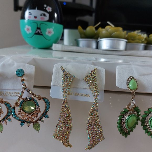 Custom Jewelry EarringsSet of 3 Rhinestones Green Blue Shiny Trendy Casual Chic - Picture 1 of 4